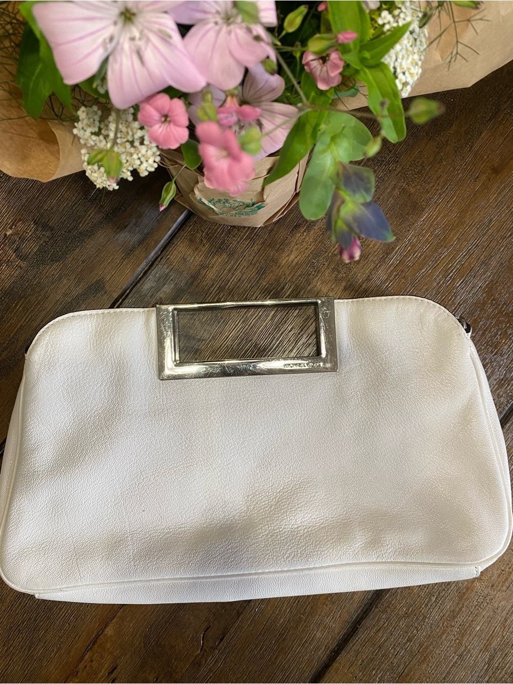 Michael Kors Berkley White Leather Clutch with Silver Handle & Chain
